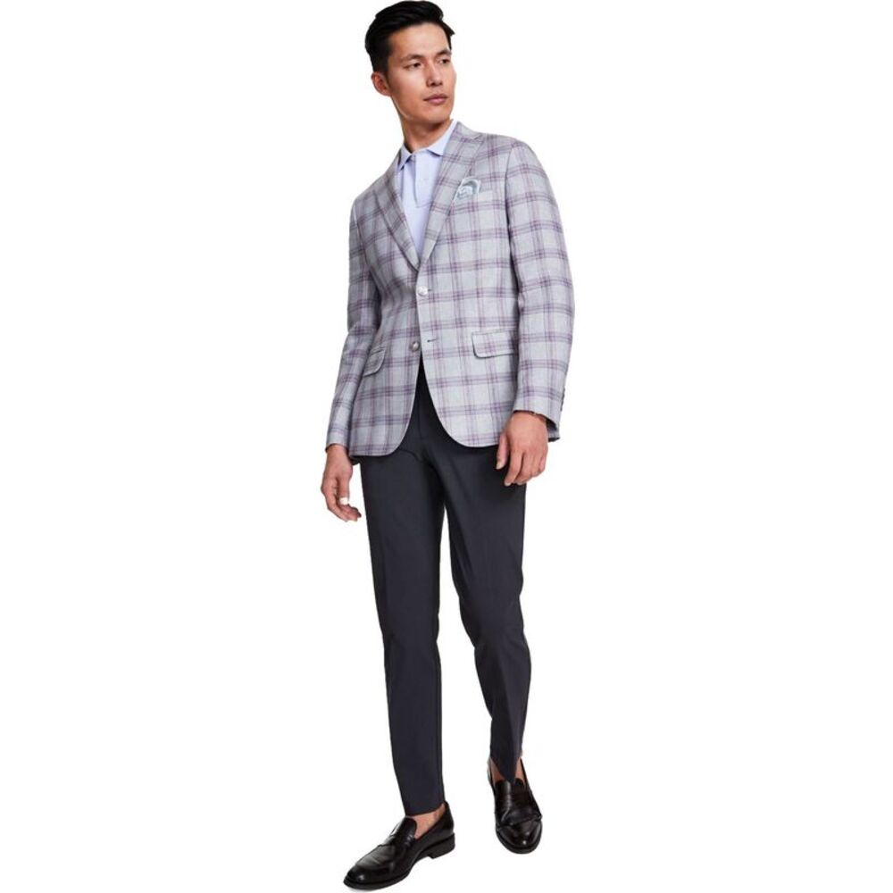 Tallia Mens Slim-Fit Plaid Linen Sport Coat, Purple, 42, DM